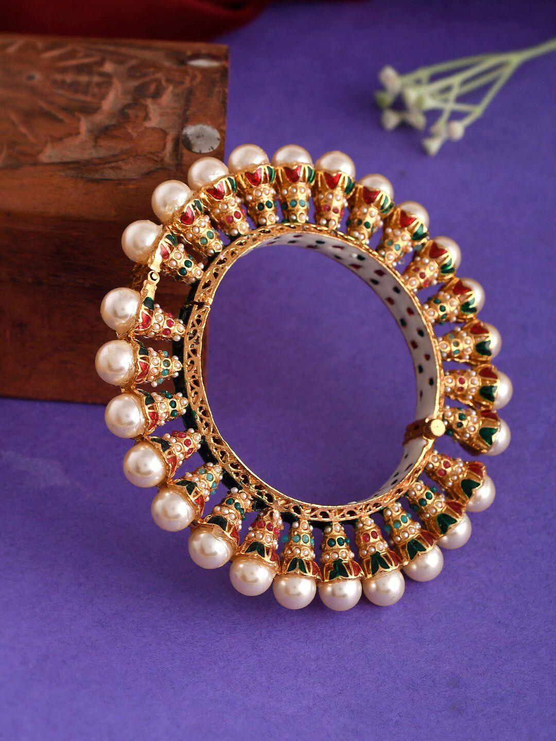 silvermerc designs women gold-plated & white brass kundan meenakari kada bracelet