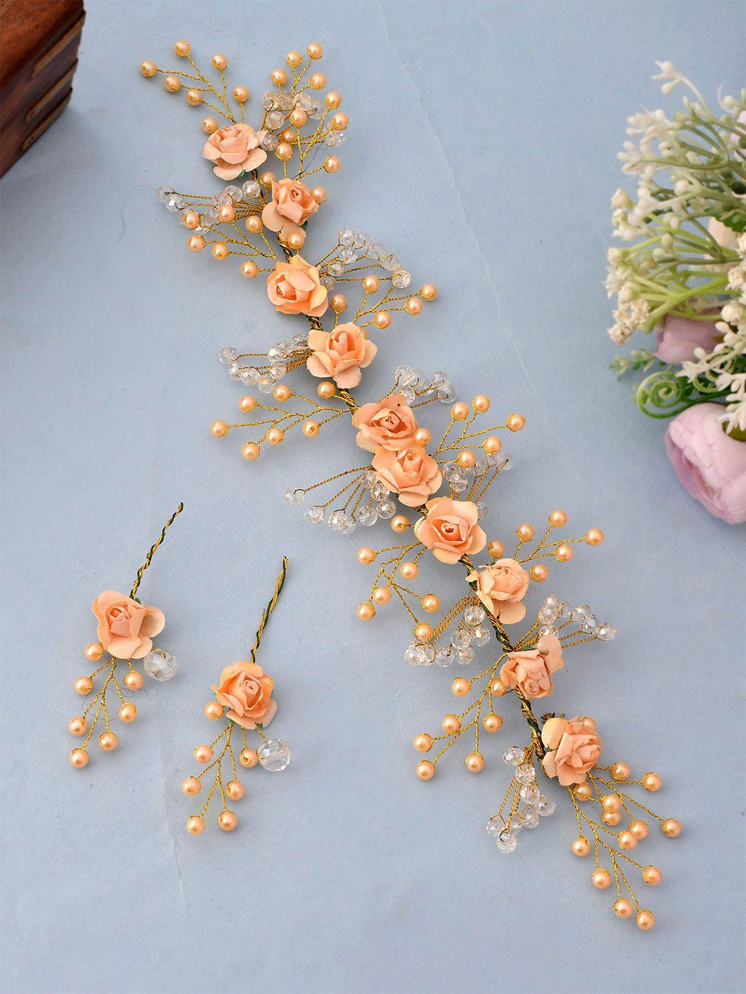 silvermerc designs women gold-toned & peach-coloured embellished tiara hair ornament