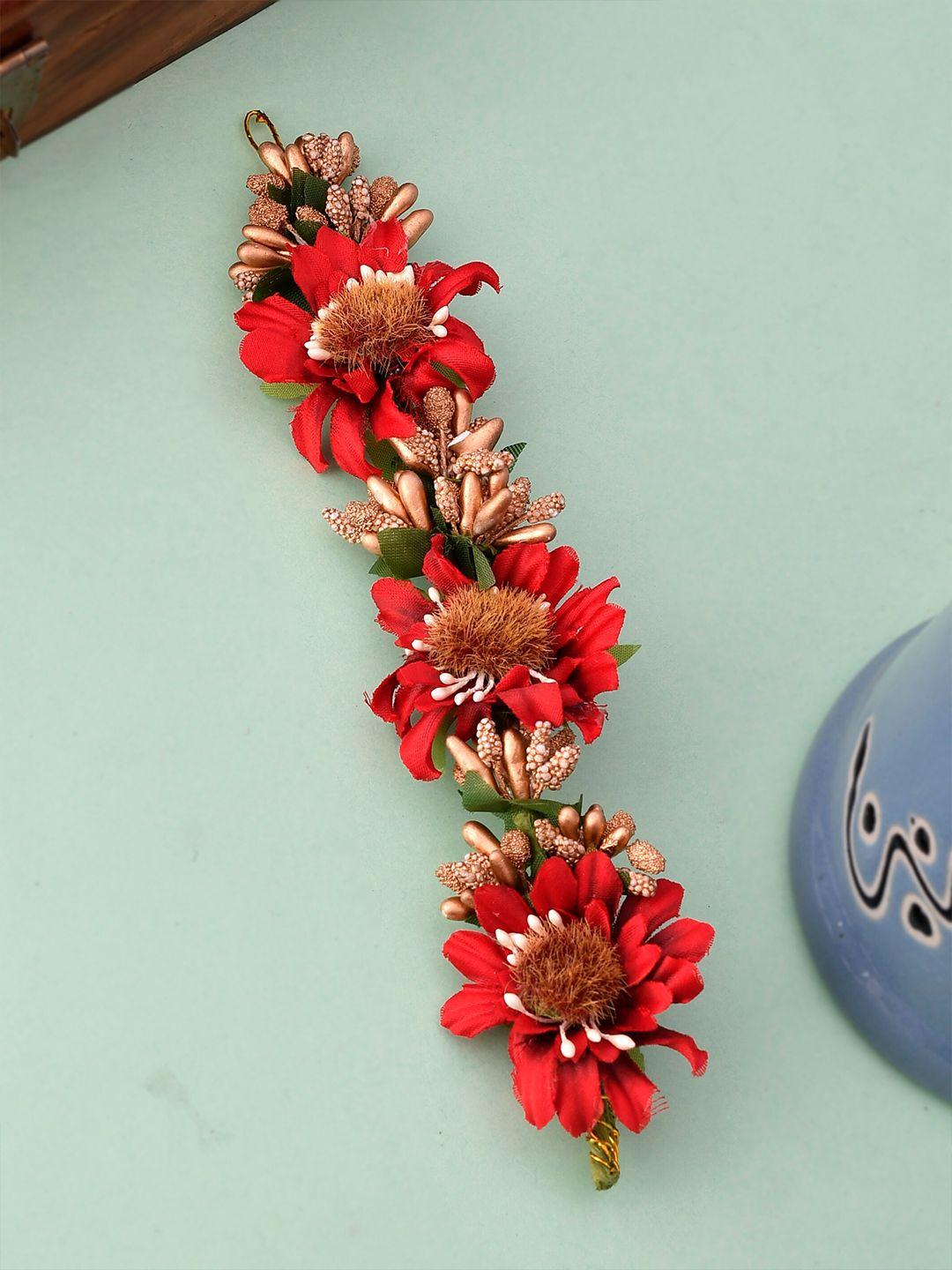 silvermerc designs women red & green marigold artificial flower hair accessory