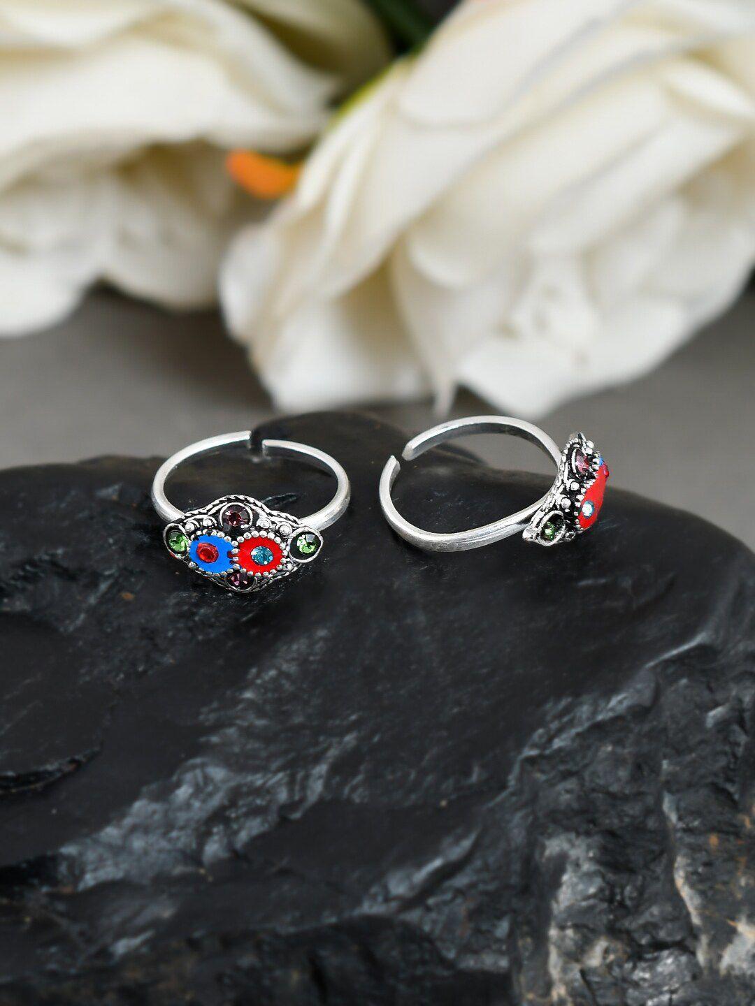 silvermerc designs women set of 2 silver-plated blue & red stone-studded toe rings