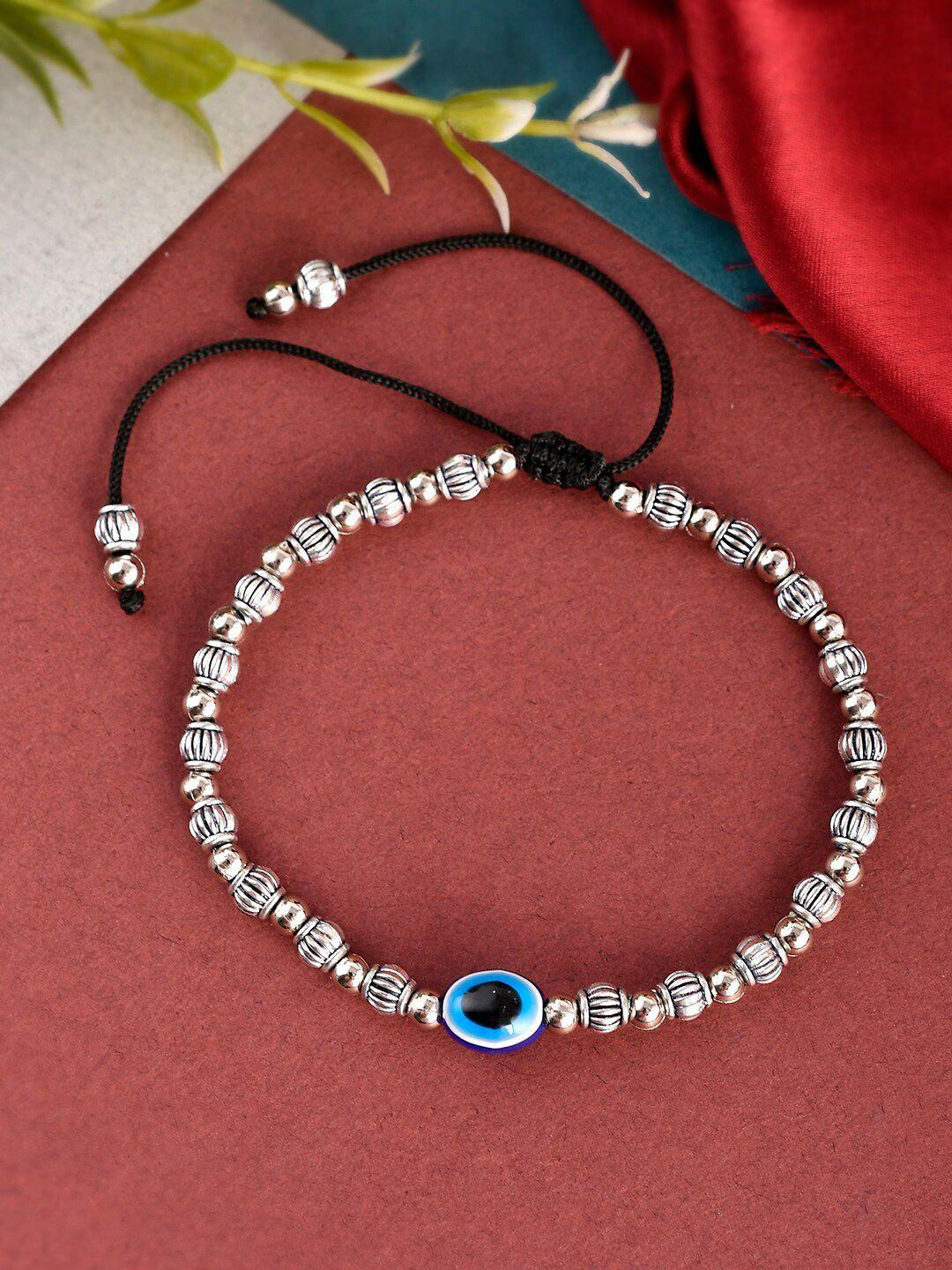 silvermerc designs women silver-toned & blue brass oxidised silver-plated charm bracelet