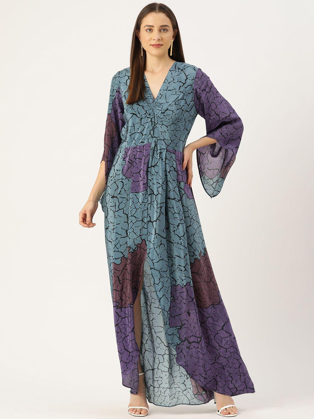 simaaya abstract printed flared sleeve crepe maxi dress