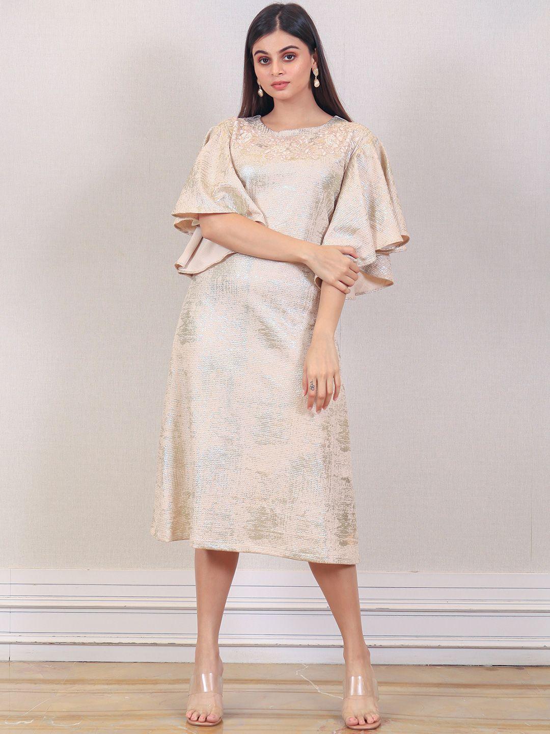 simaaya abstract printed flutter sleeves sheath midi dress