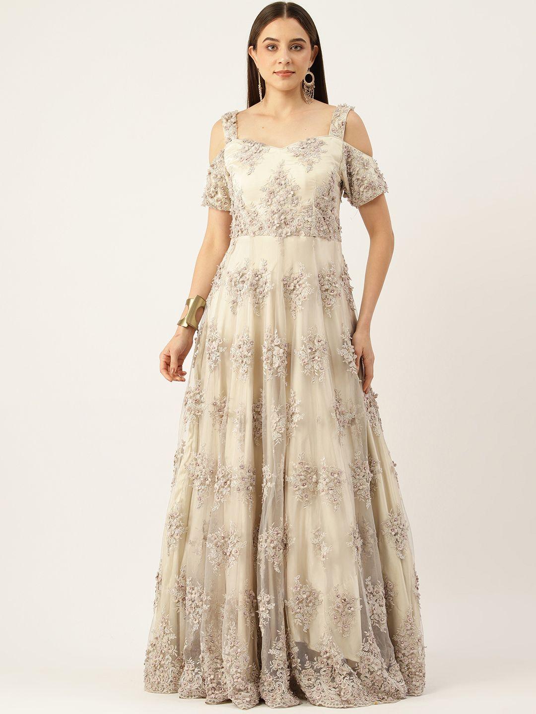 simaaya floral embroidered sweetheart neck cold-shoulder sleeves ethnic gown