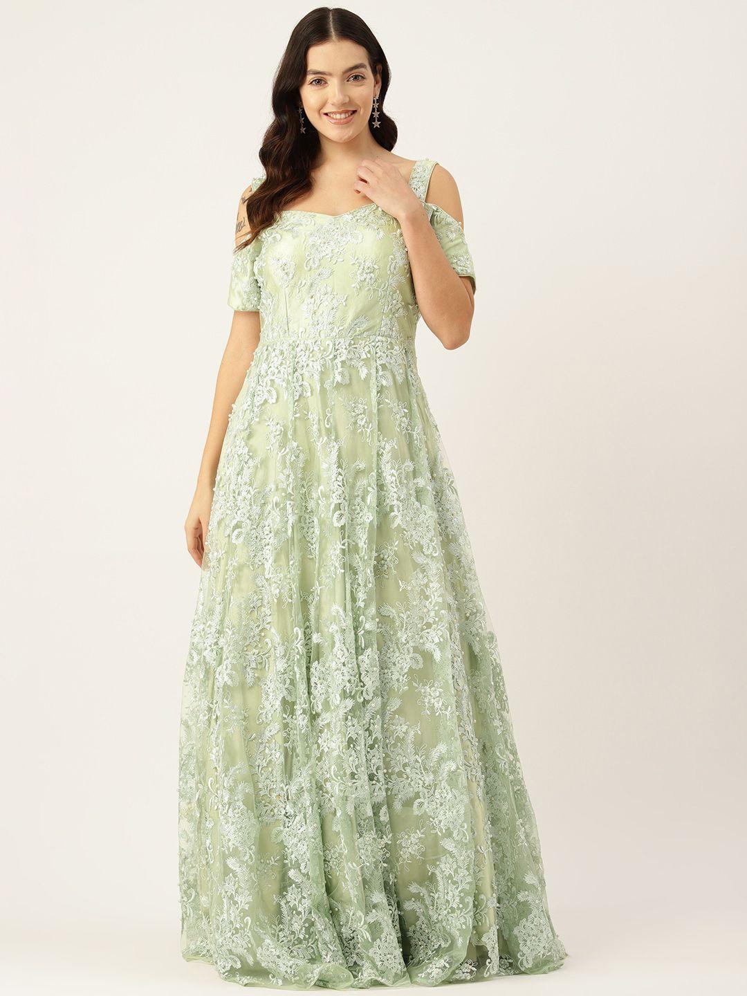 simaaya floral embroidered sweetheart neck cold-shoulder sleeves ethnic gown