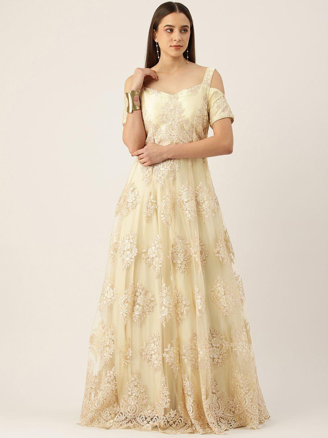 simaaya floral embroidered sweetheart neck cold-shoulder sleeves ethnic gown
