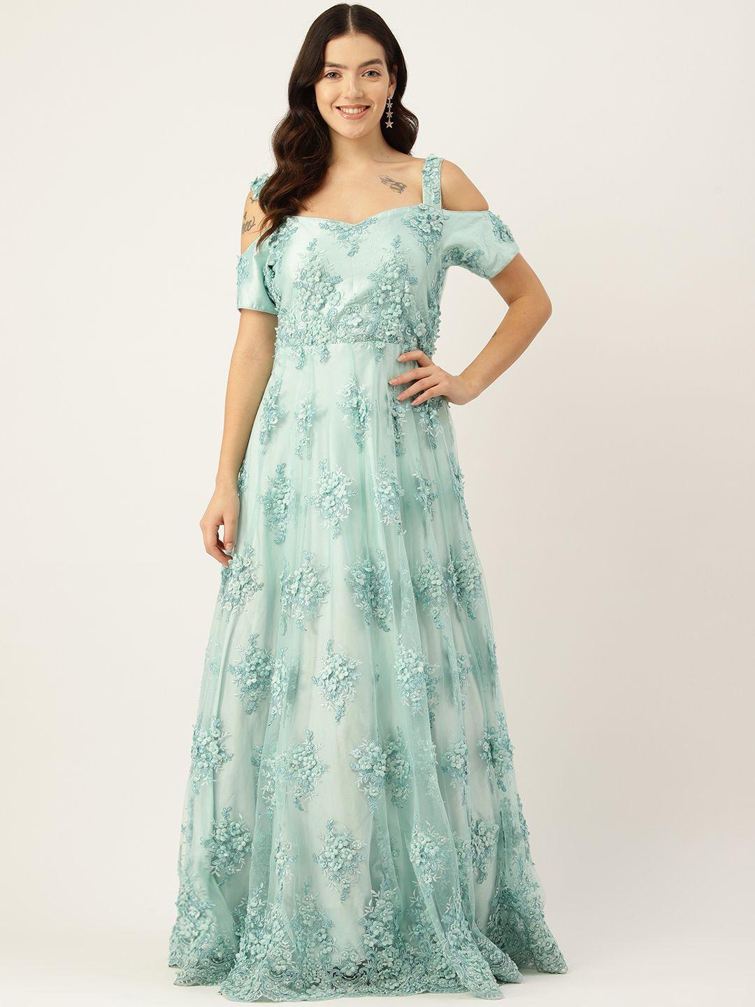 simaaya floral embroidered sweetheart neck cold-shoulder sleeves ethnic gown