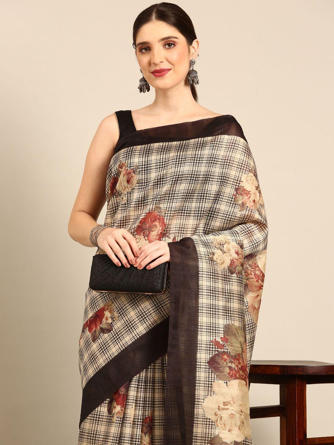 simaaya floral print & checked silk cotton saree