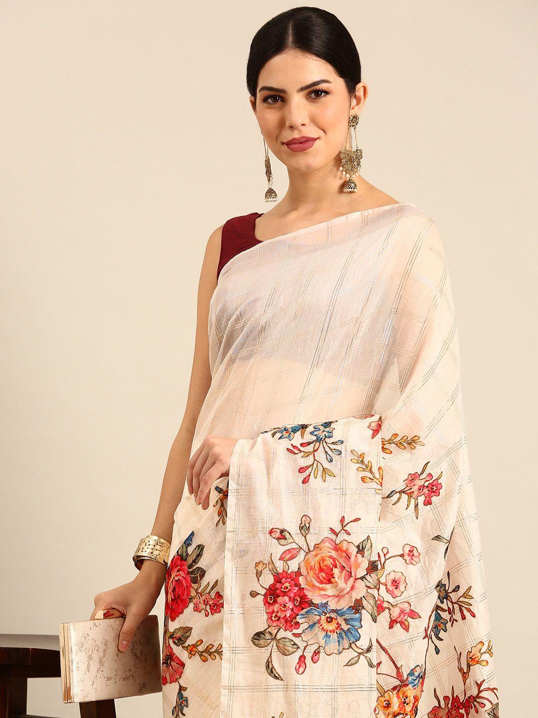 simaaya floral print & checked zari silk cotton saree