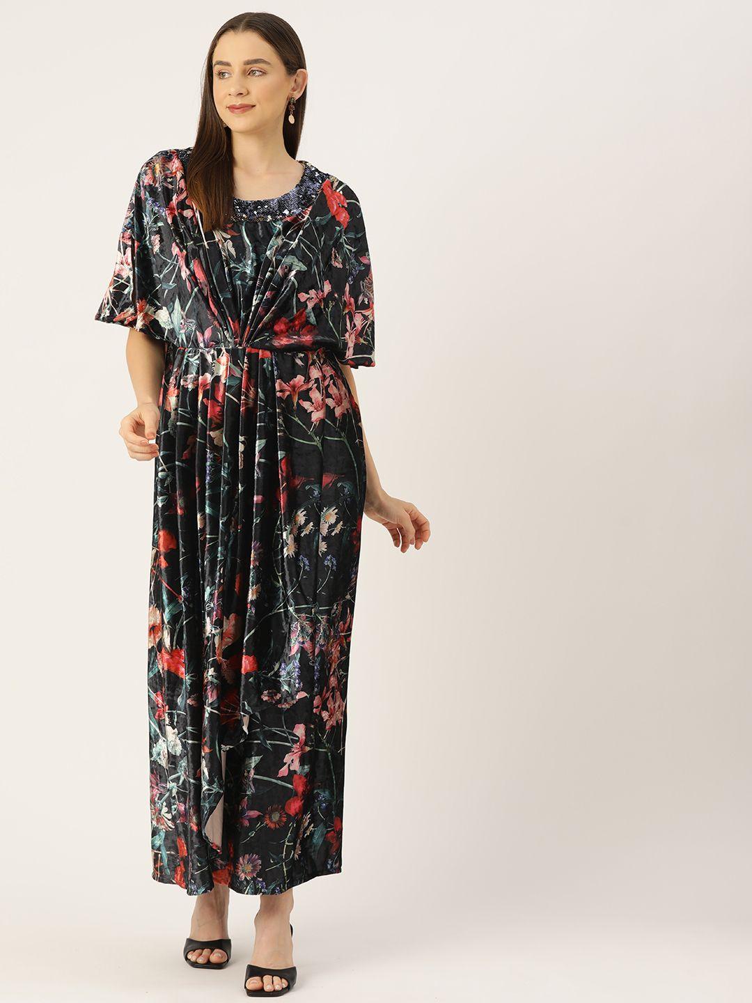 simaaya floral printed kimono sleeve velvet maxi dress