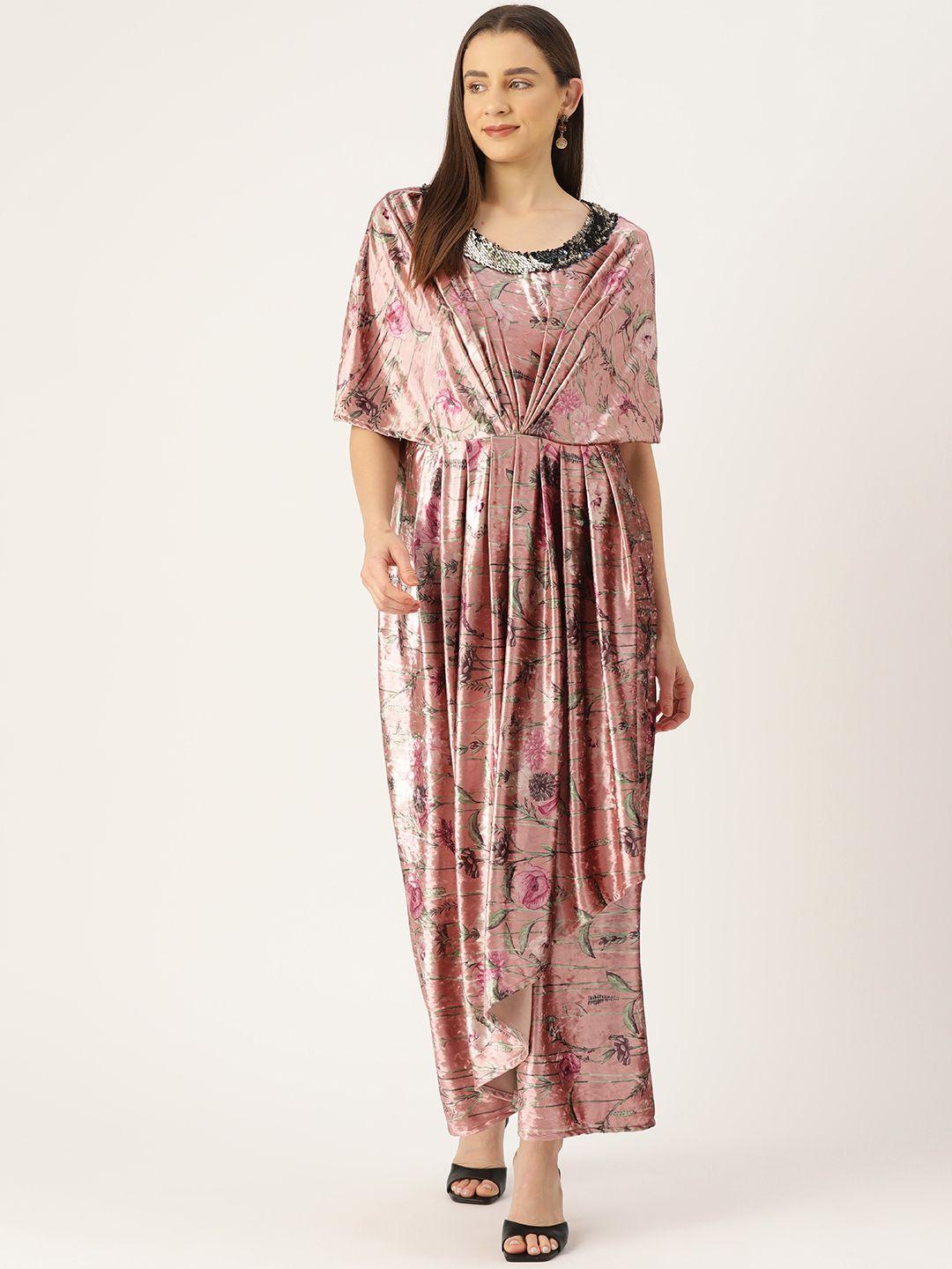 simaaya floral printed kimono sleeve velvet maxi dress