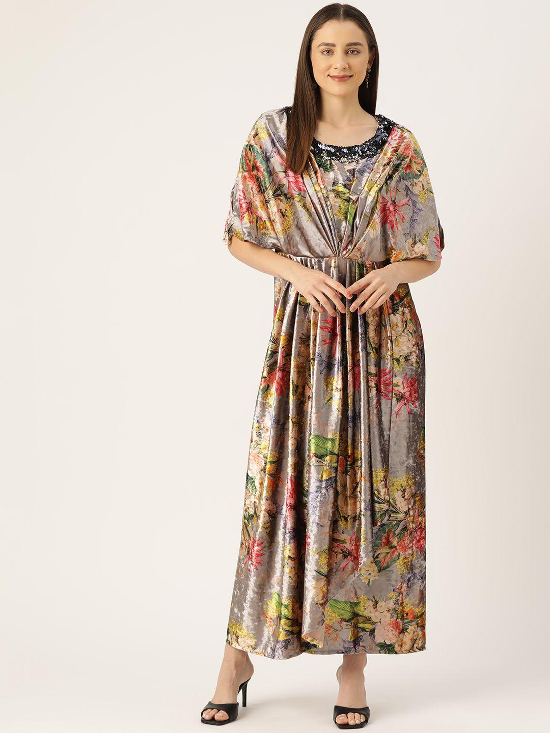 simaaya floral printed kimono sleeve velvet maxi dress