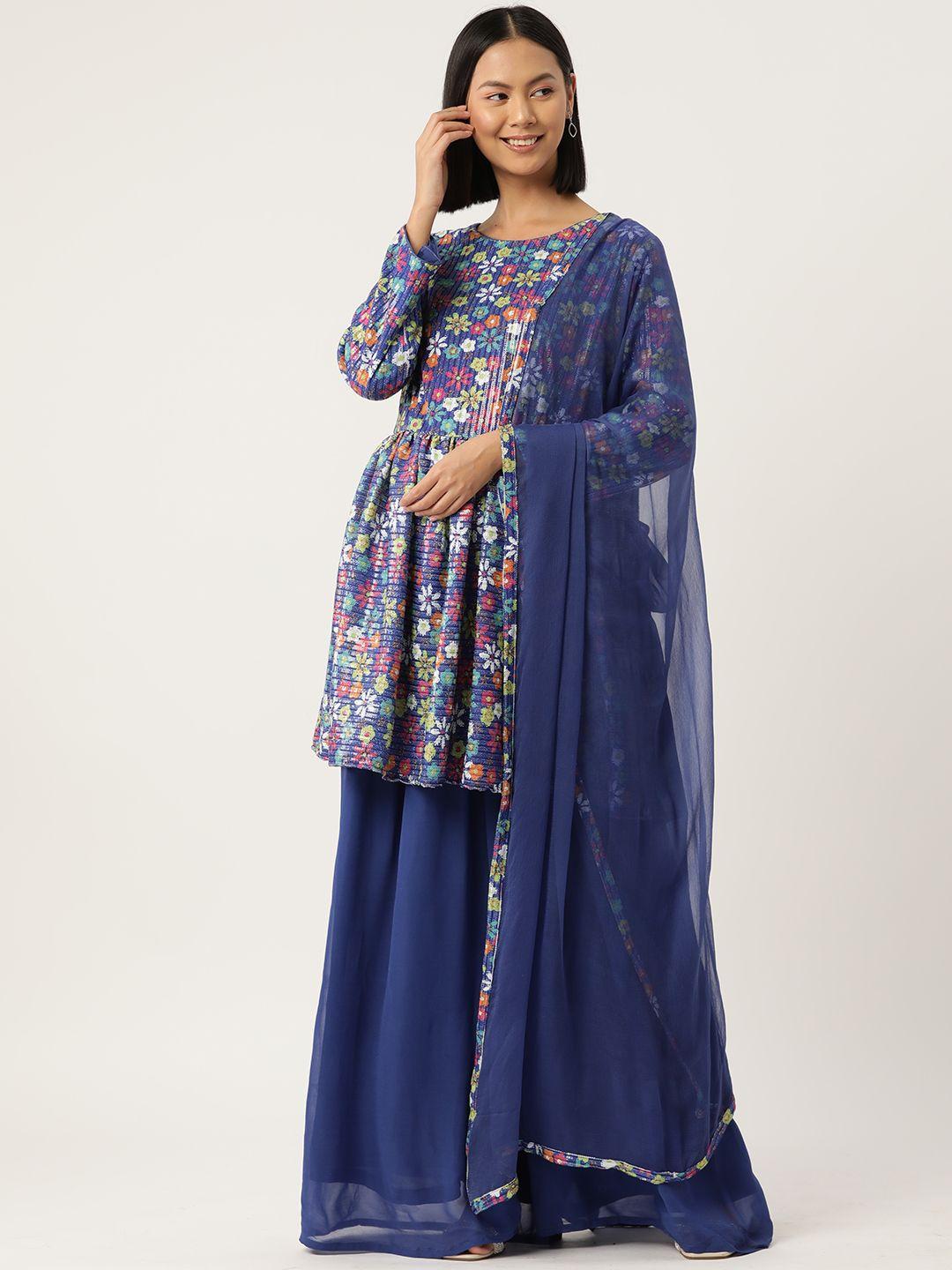 simaaya floral printed pleated sequinned kurti with palazzos & dupatta