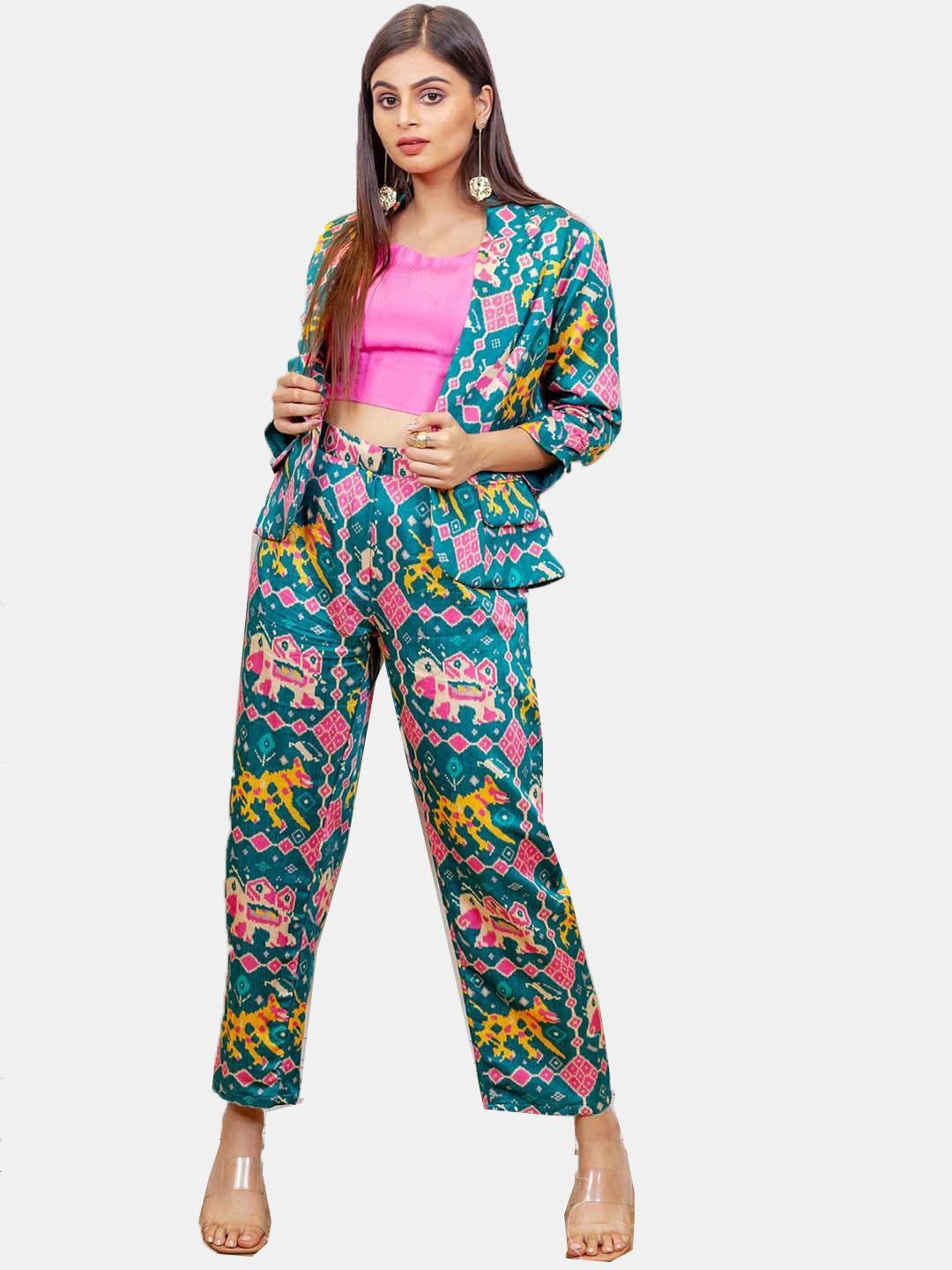 simaaya voir abstract printed top & trouser with blazer