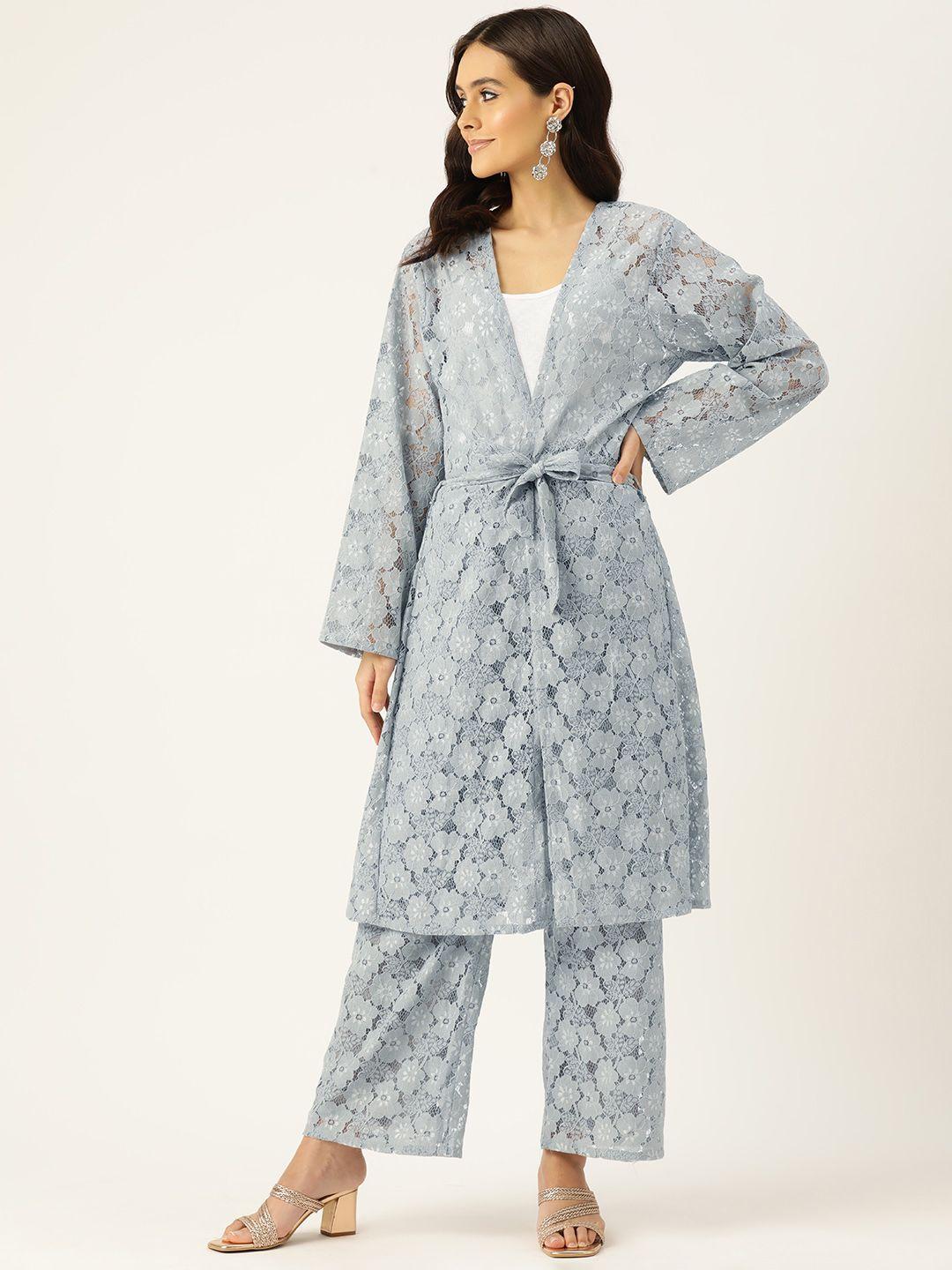 simaaya women floral lace longline overcoat with palazzos