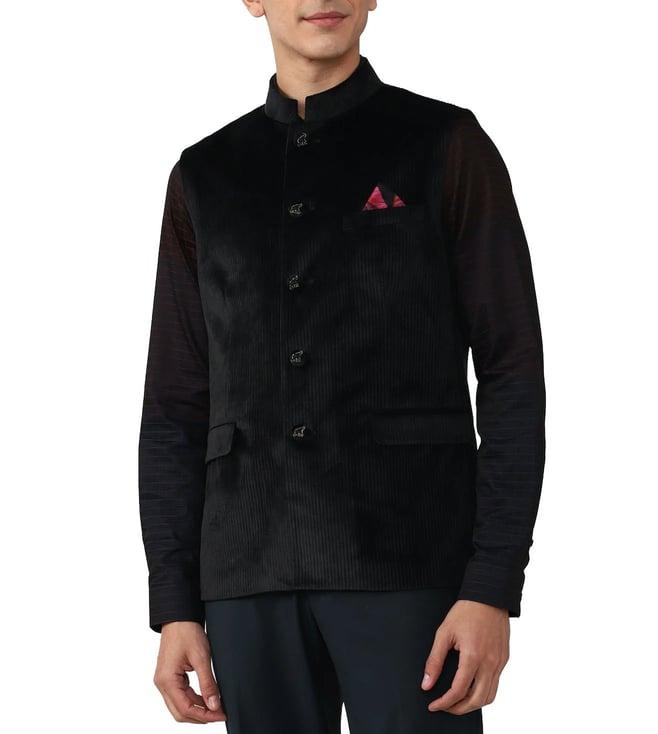 simon carter london black self slim fit nehru jacket