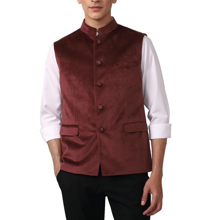 simon carter london maroon self slim fit nehru jacket