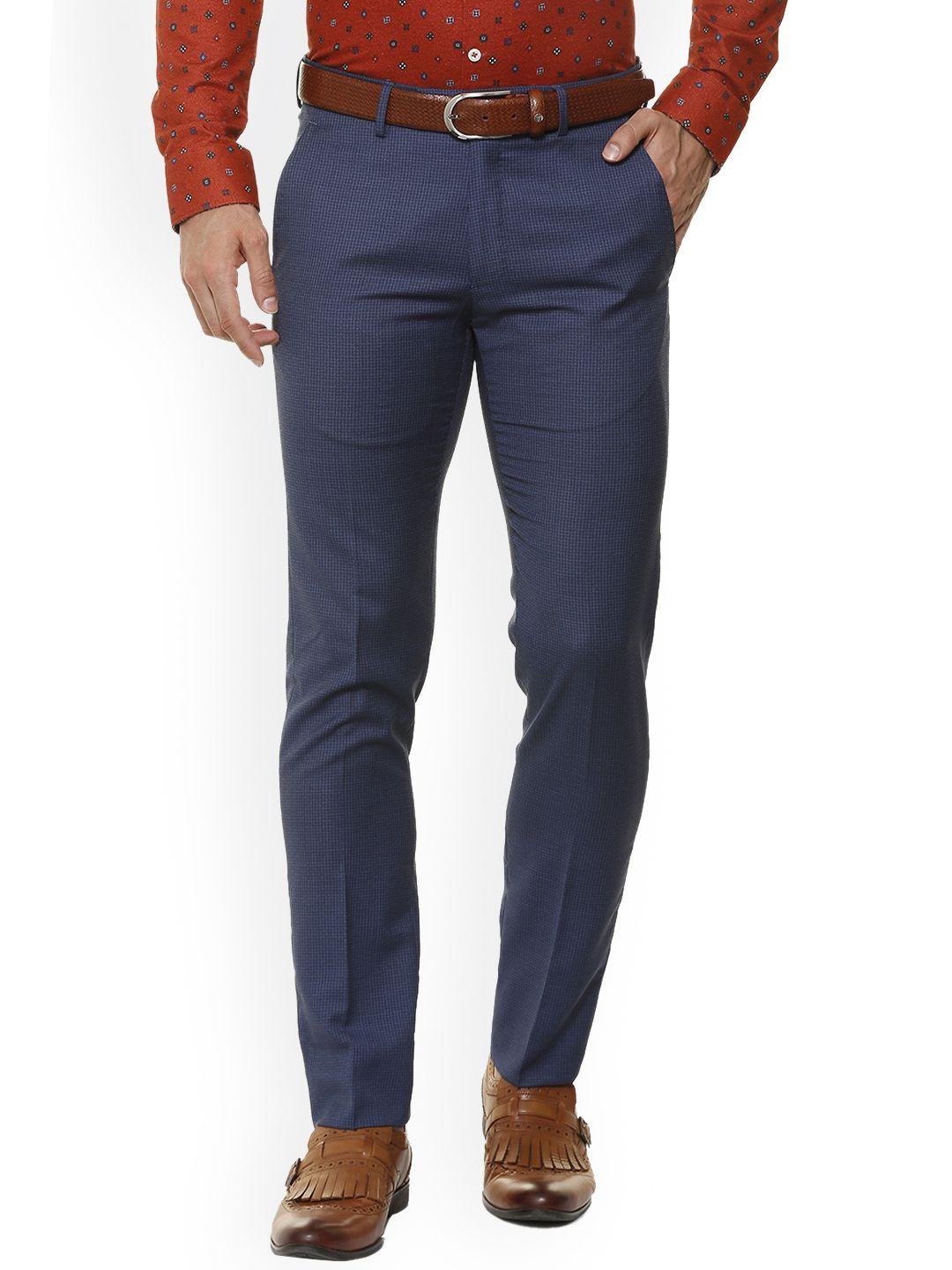 simon carter london men blue slim fit self design formal trousers