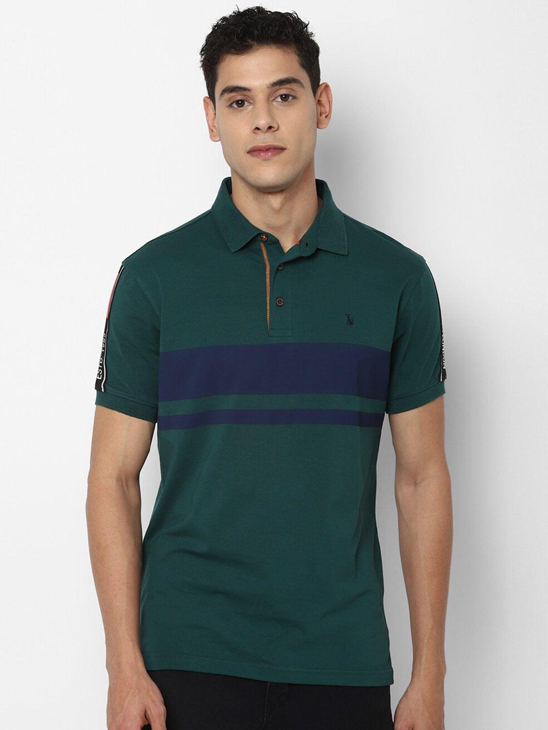 simon carter london men green & navy blue striped polo collar slim fit t-shirt