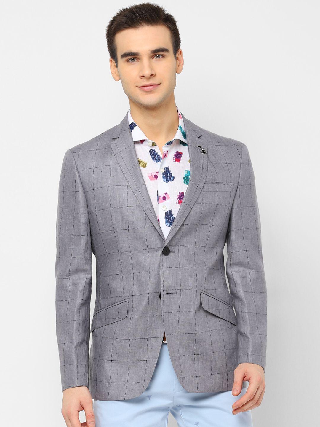 simon carter london men grey checked slim-fit pure linen single-breasted blazer