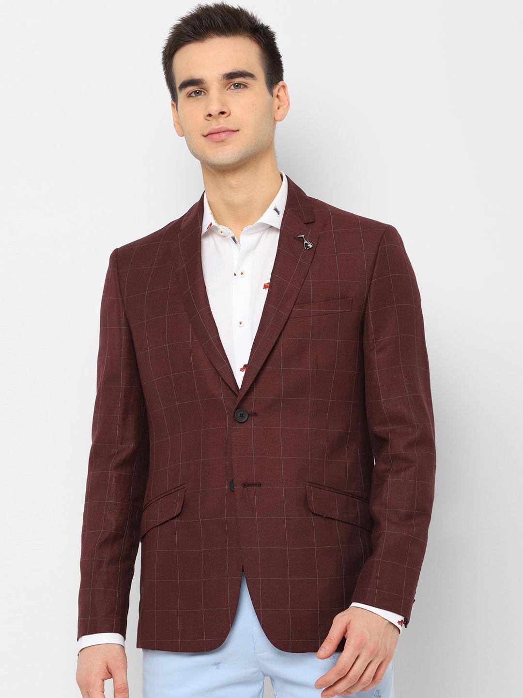 simon carter london men maroon checked slim-fit single-breasted casual blazer