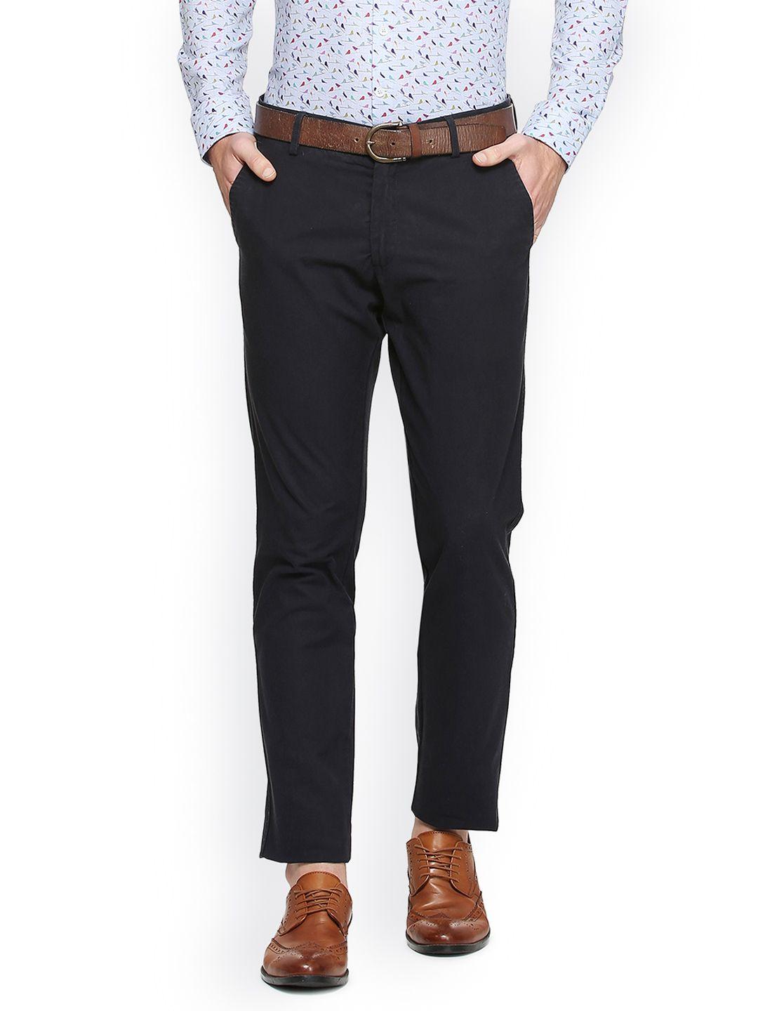 simon carter london men navy blue slim fit solid regular trousers