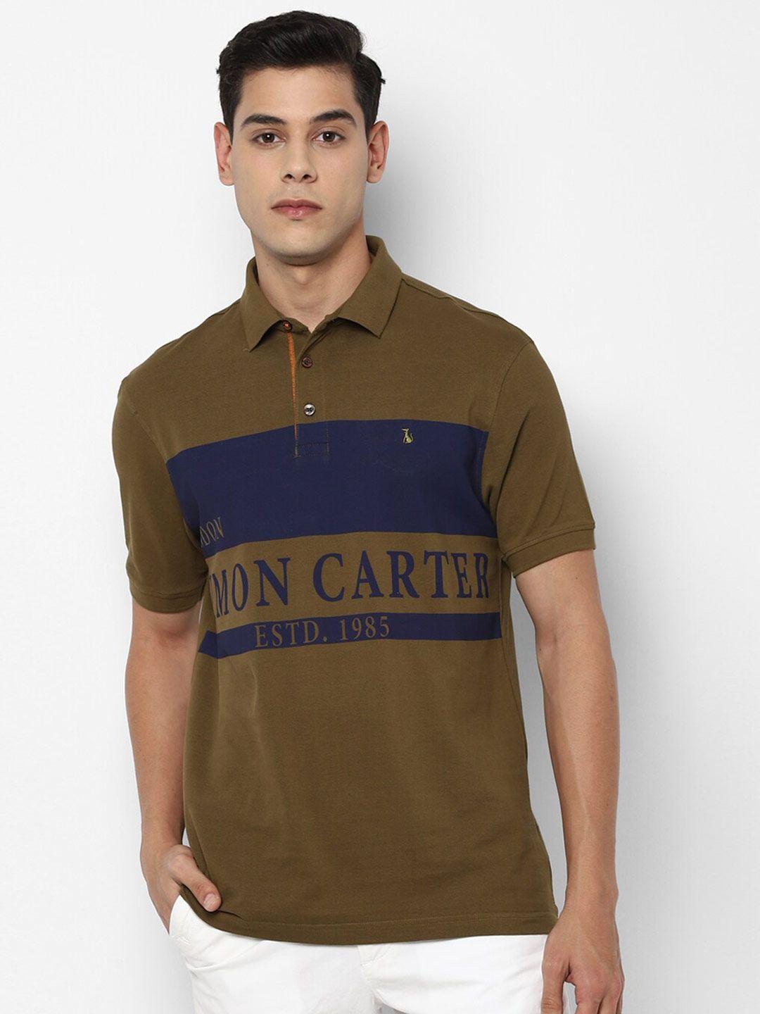 simon carter london men olive green & navy blue typography printed polo collar applique slim fit t-shirt