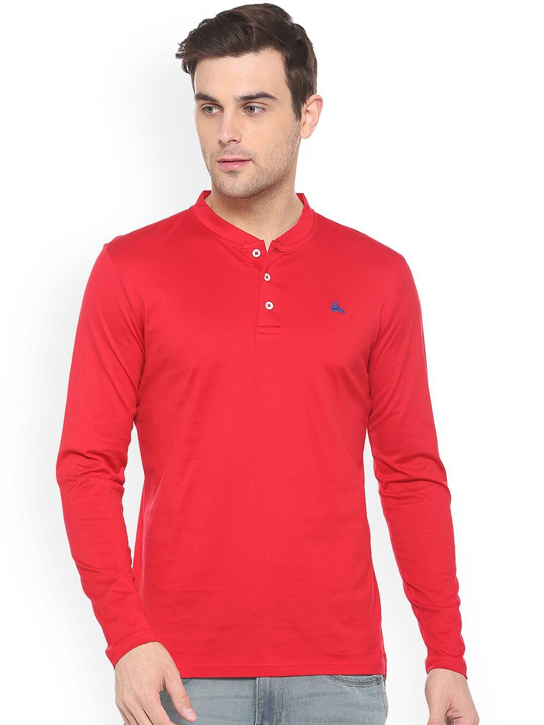 simon carter london men red solid mandarin collar t-shirt