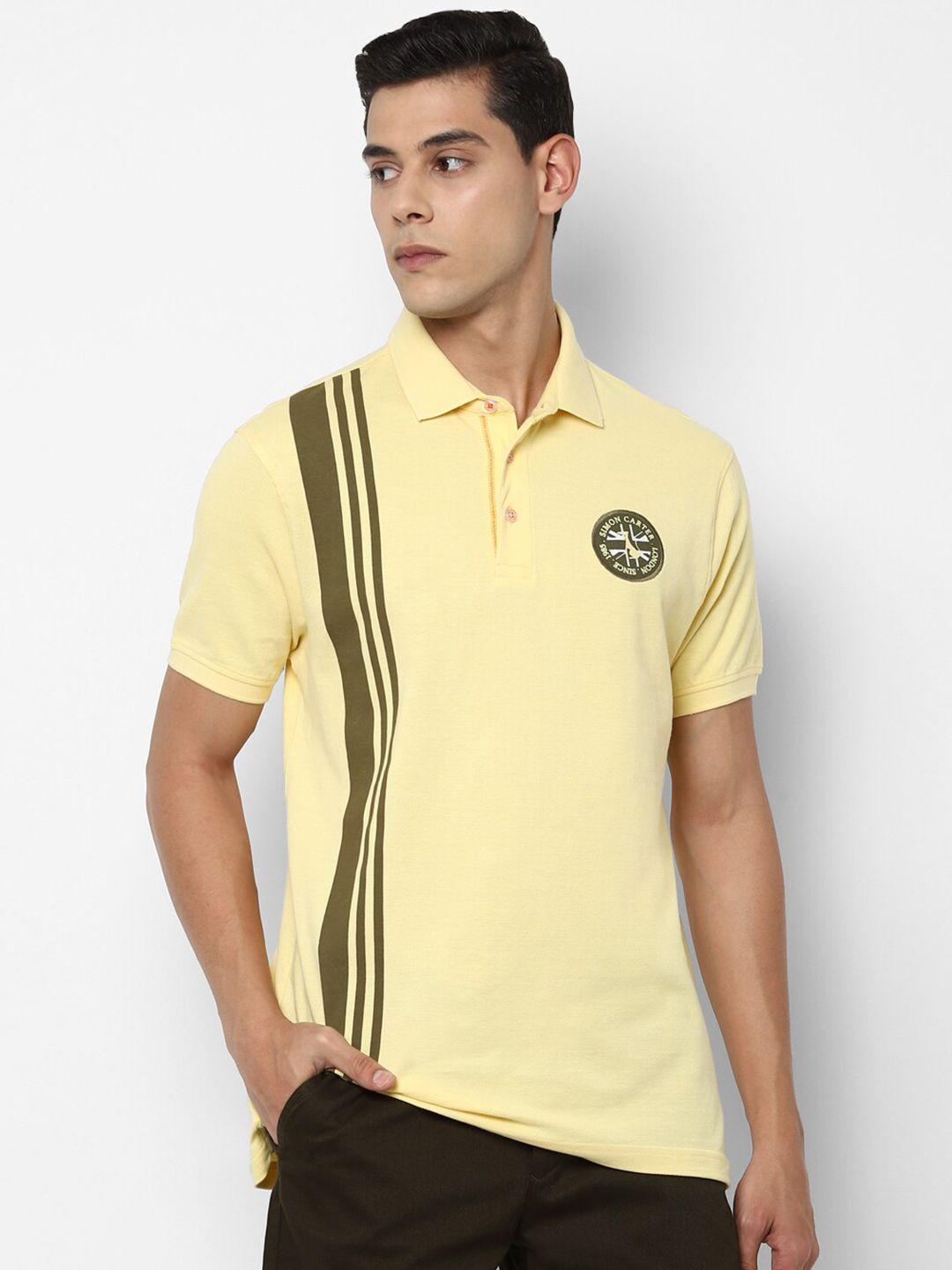 simon carter london men yellow & olive green printed polo collar slim fit t-shirt