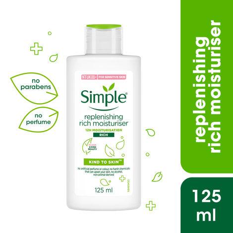simple kind to skin replenishing rich moisturiser| moisturiser for sensitive skin | no added perfume, no harsh chemicals, no artificial color, no alcohol and no parabens | 125 ml