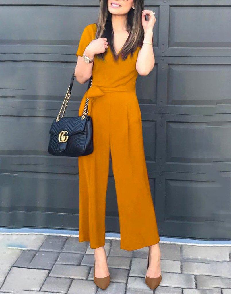 simple mustard v-neck jumpsuit