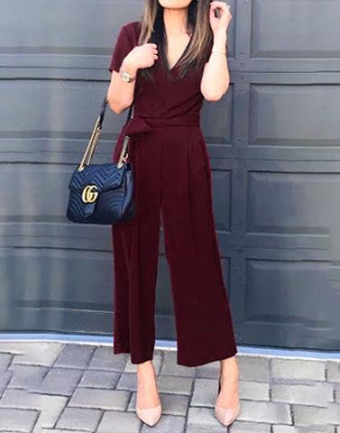 simple wine v-neck jumpsuit