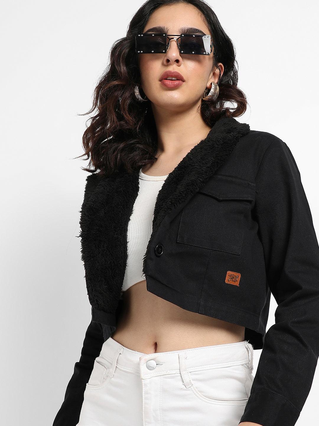 single-breasted cropped blazer with fur detail