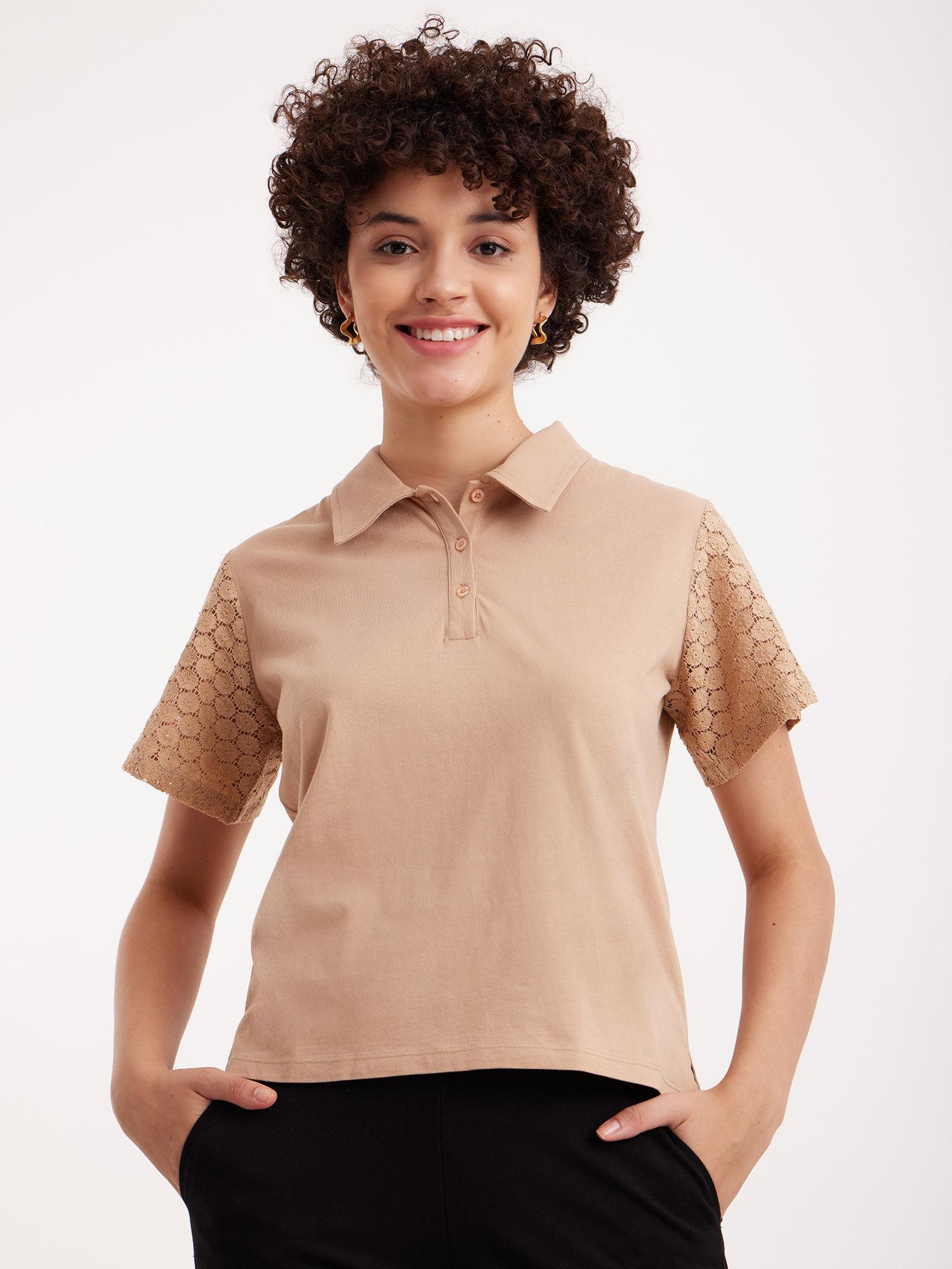 single jersey schiffli sleeves polo tee - beige