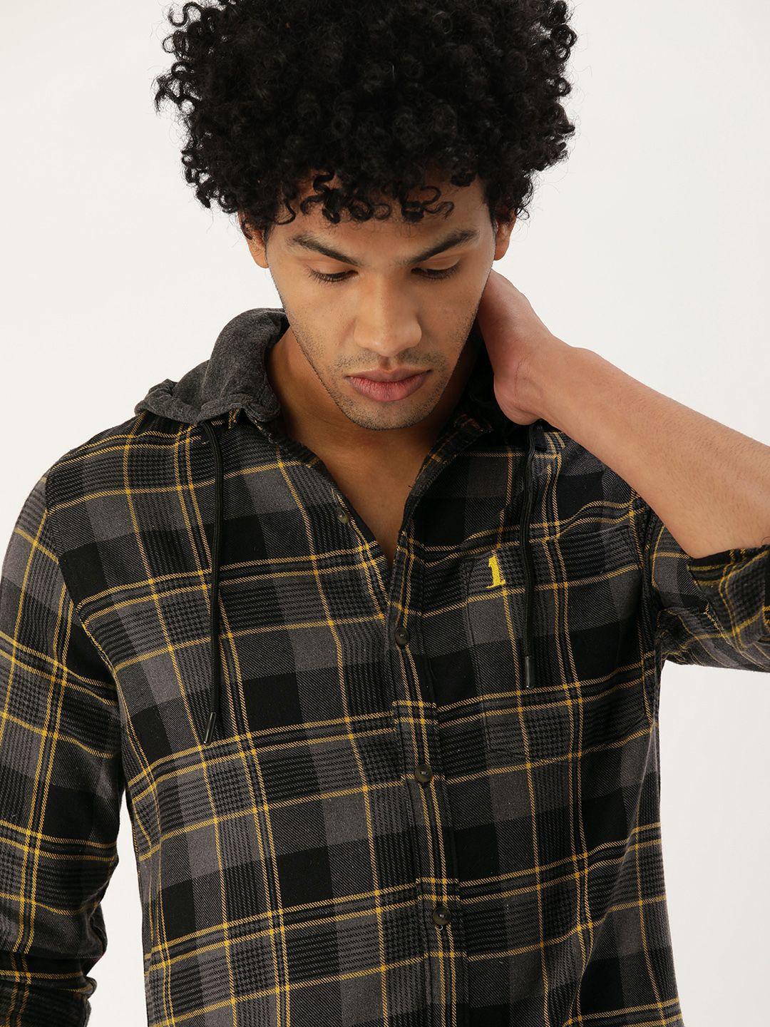 single men black & cream- coloured checked slim fit  pure cotton hooded casual shirt