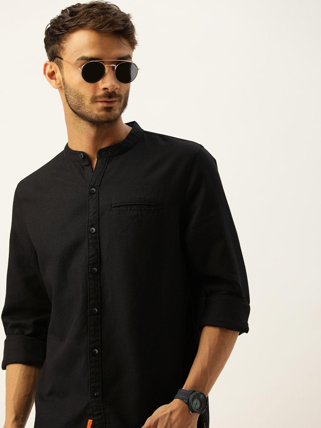 single men black self- design pure cotton  slim fit casual shirt