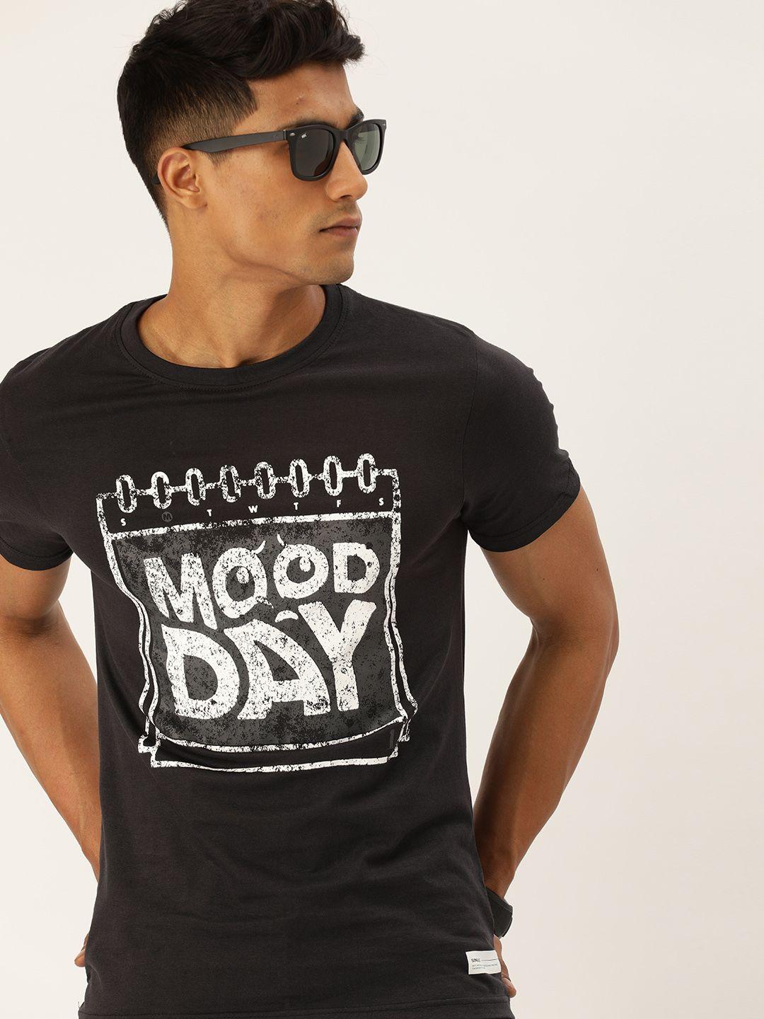 single men black typography printed slim fit pure cotton t-shirt