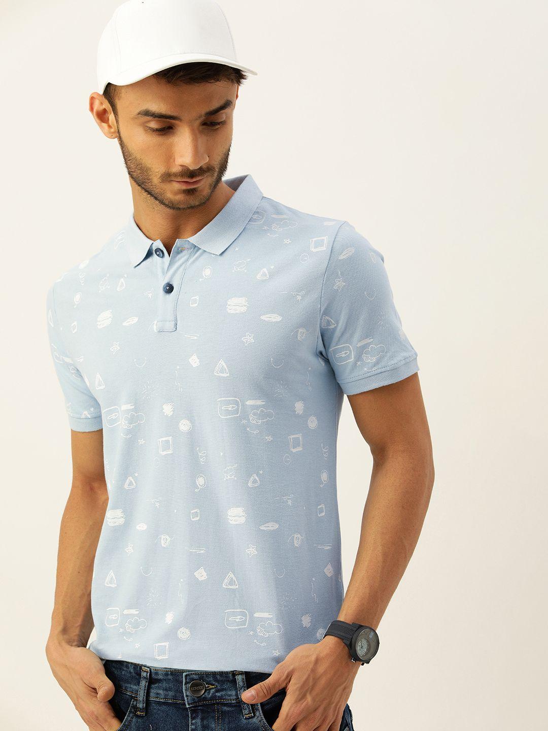 single men blue & white printed polo collar pure cotton t-shirt