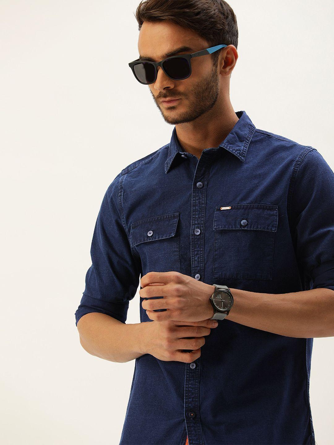 single men blue solid slim fit pure cotton casual shirt