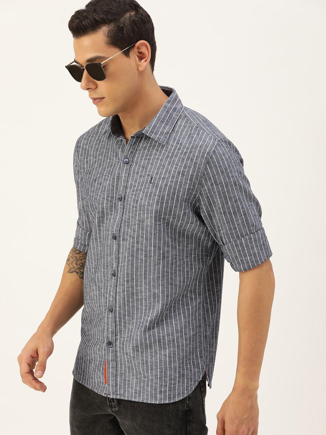 single men grey & white striped cotton casual shirt