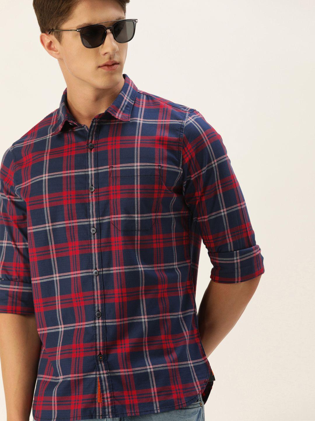 single men navy blue & red slim fit checked casual shirt