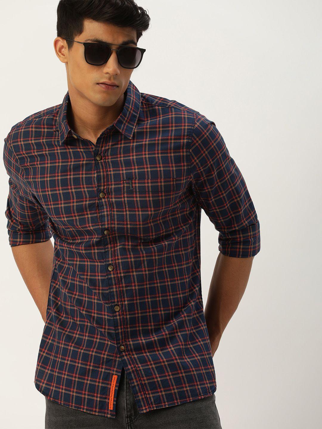 single men navy blue & red slim fit checked casual shirt