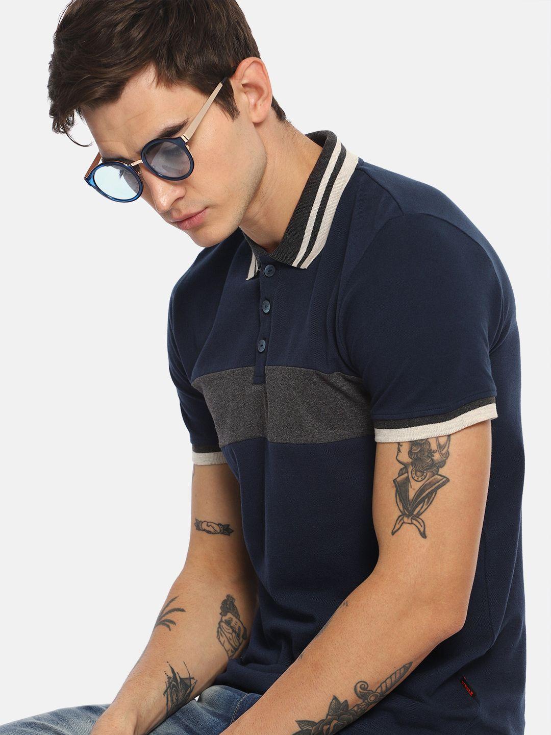 single men navy blue  charcoal grey colourblocked polo collar pure cotton t-shirt