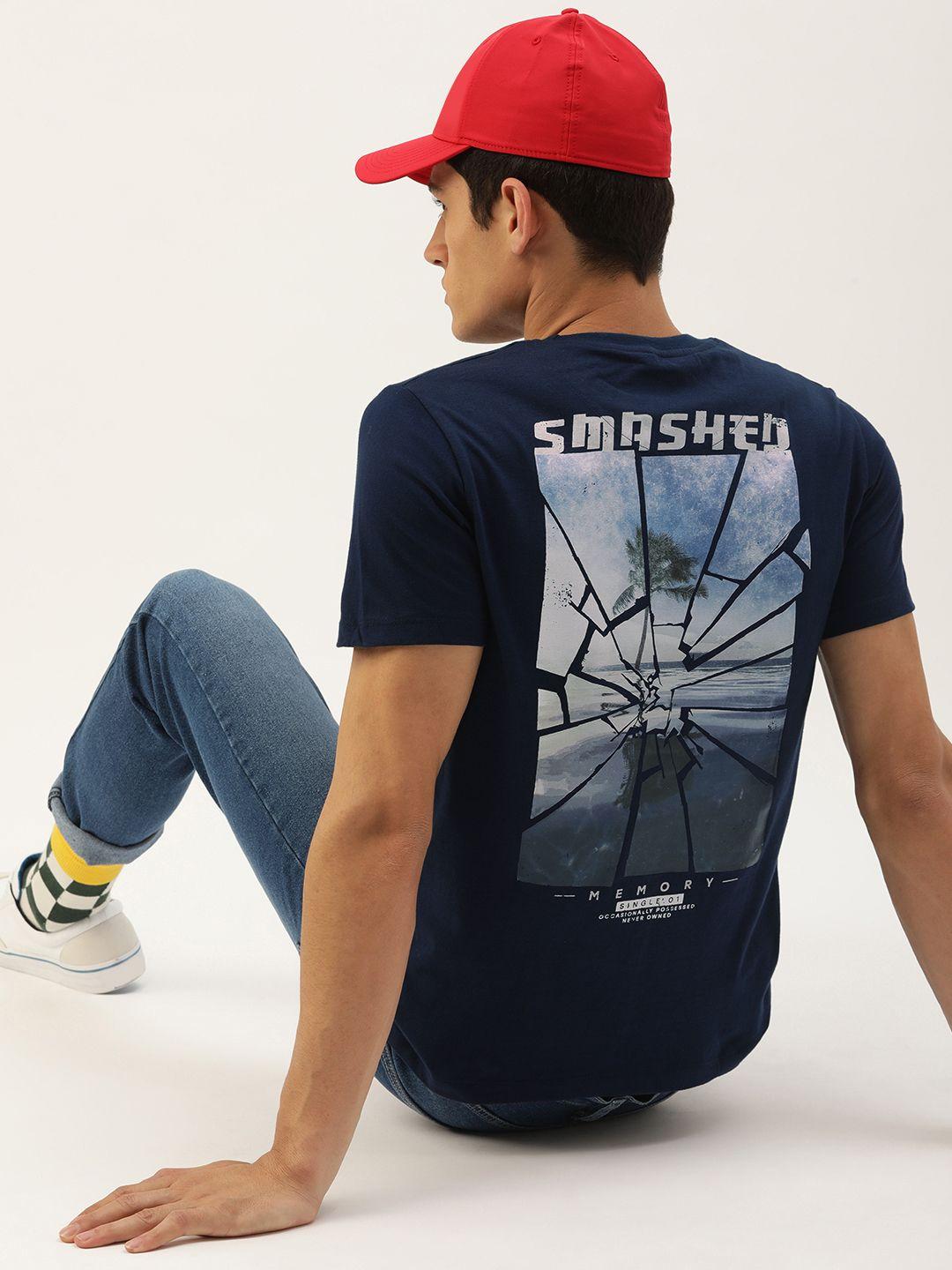 single men navy blue printed pure cotton slim fit t-shirt