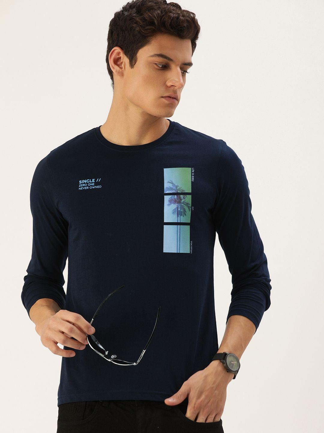 single men navy blue printed pure cotton slim fit t-shirt
