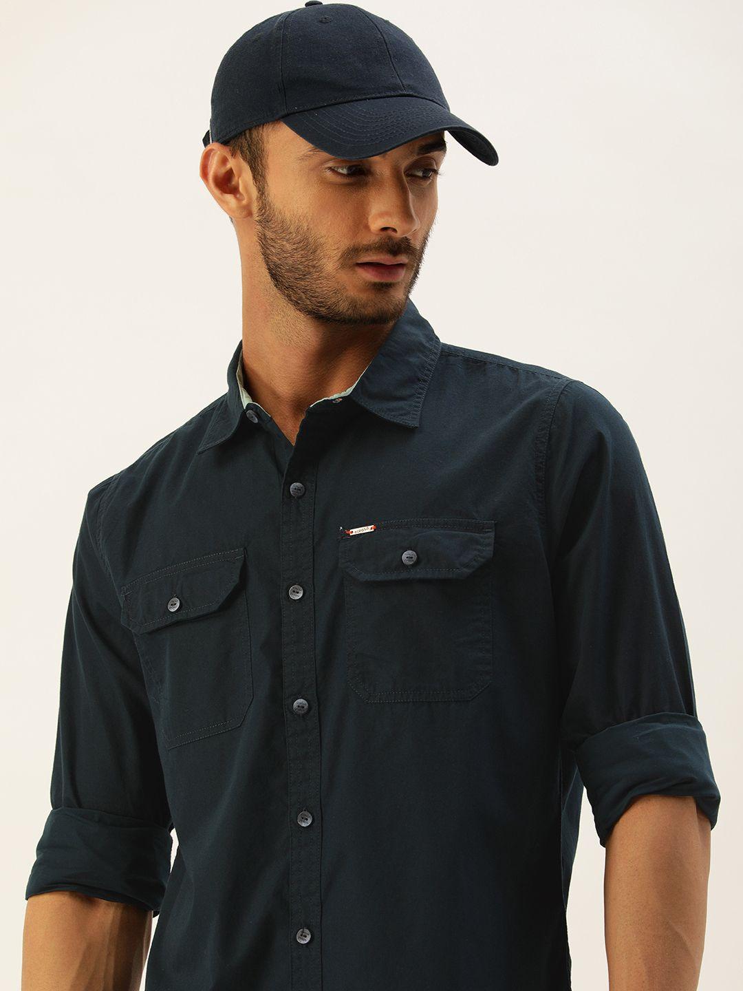 single men navy blue solid slim fit casual pure cotton shirt