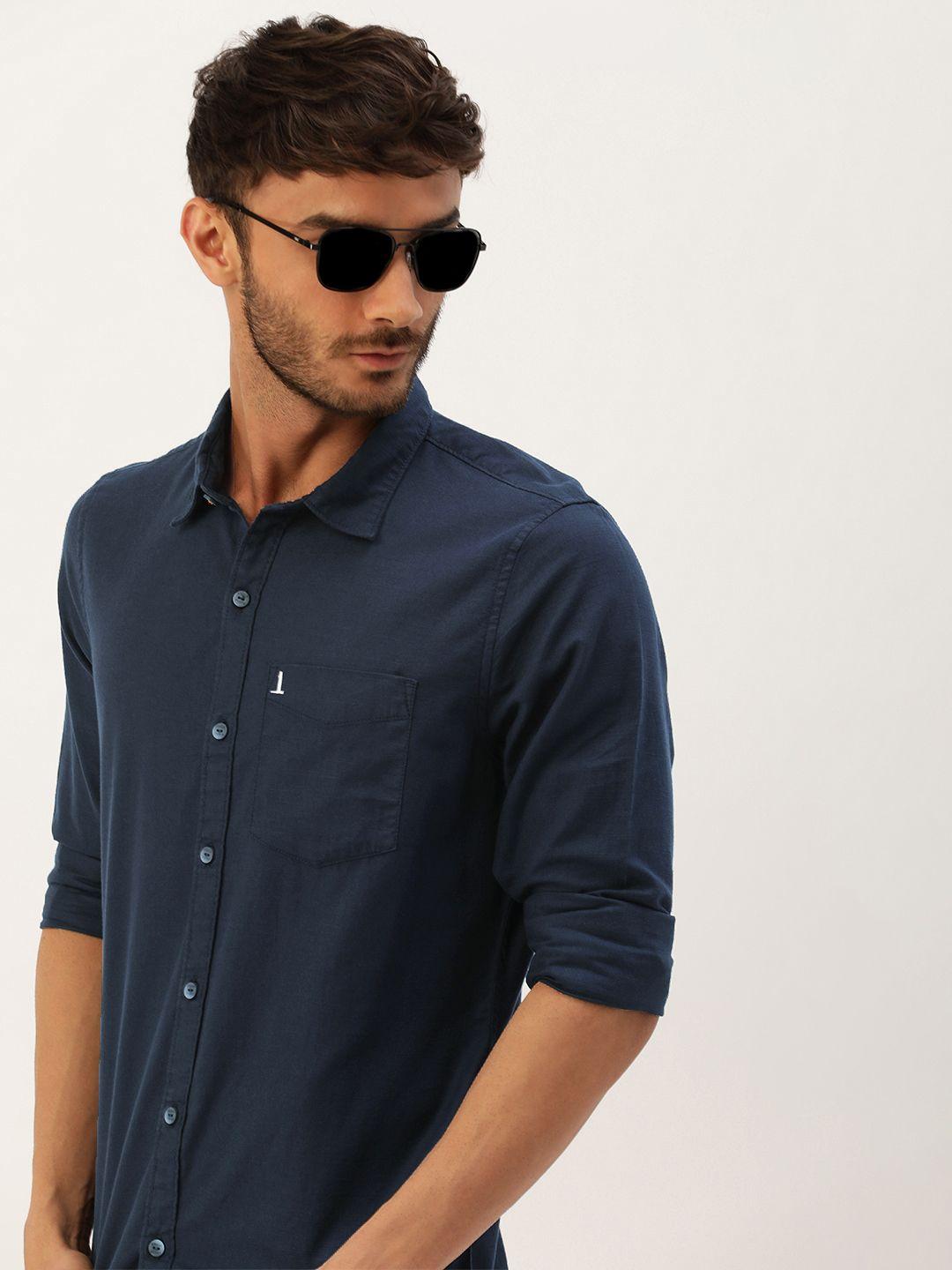 single men navy blue solid slim fit pure cotton casual shirt