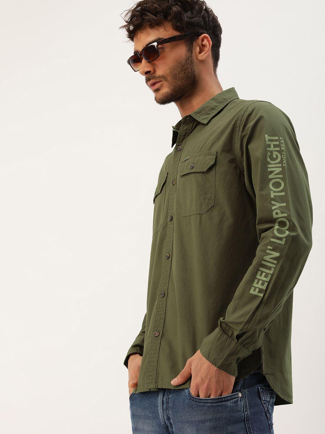 single men olive green solid slim fit casual pure cotton shirt