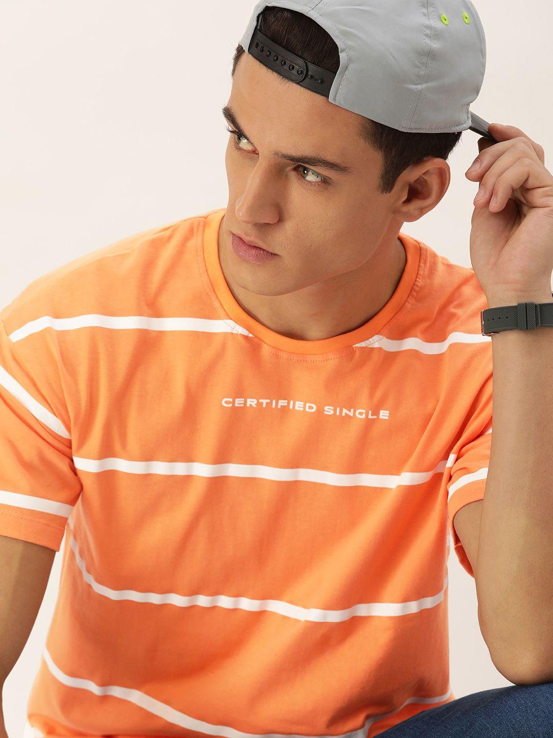 single men orange & white striped pure cotton t-shirt