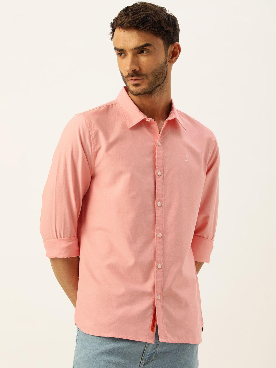 single men peach-coloured solid slim fit pure cotton casual shirt